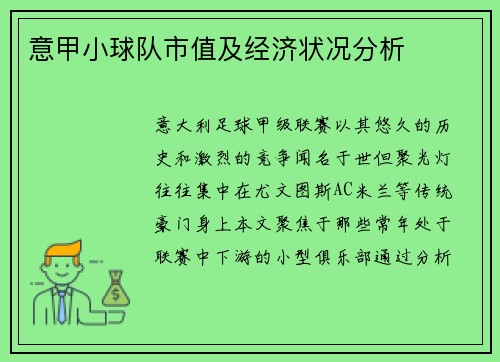 意甲小球队市值及经济状况分析